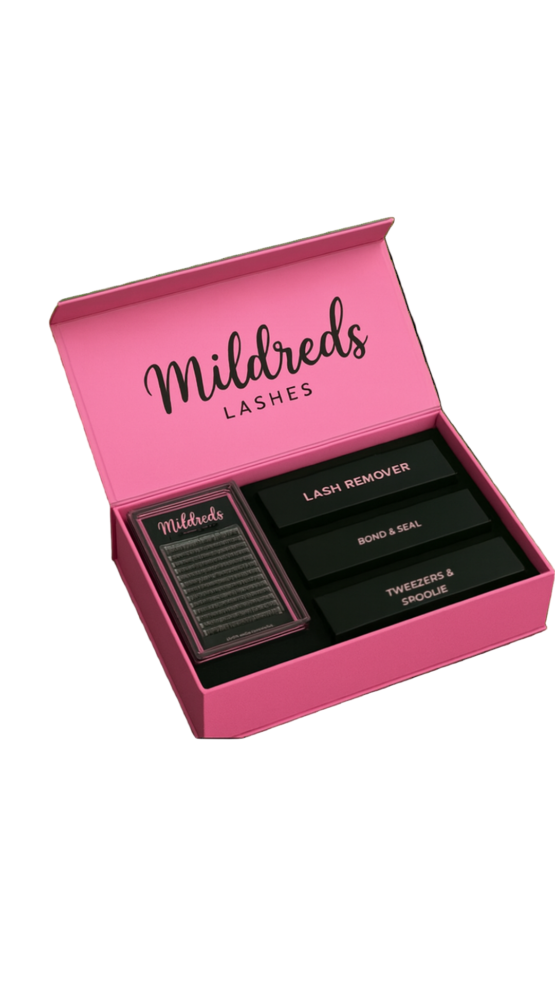 Mildred's Lashes packaging with pink box and black components on a white background