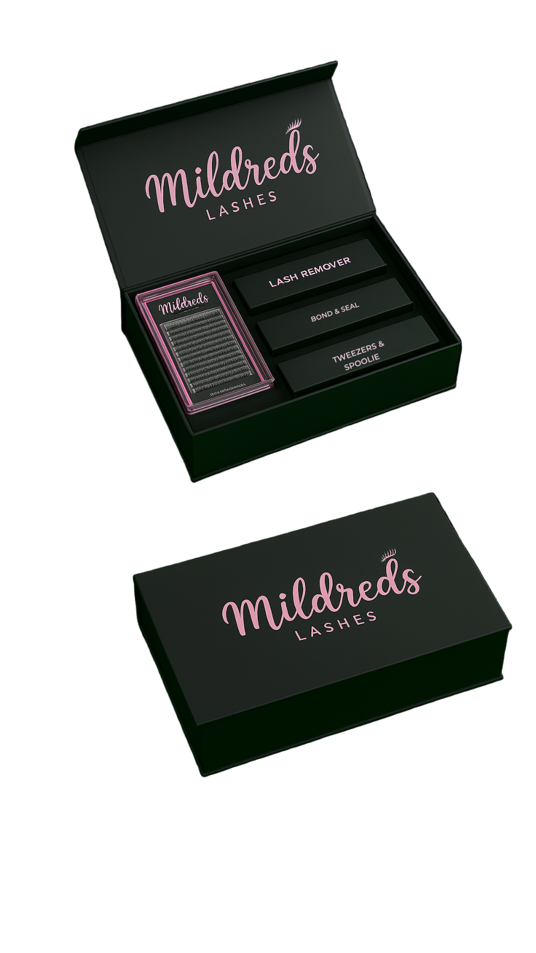 Mildred's Lashes packaging with false eyelashes and tools on a white background
