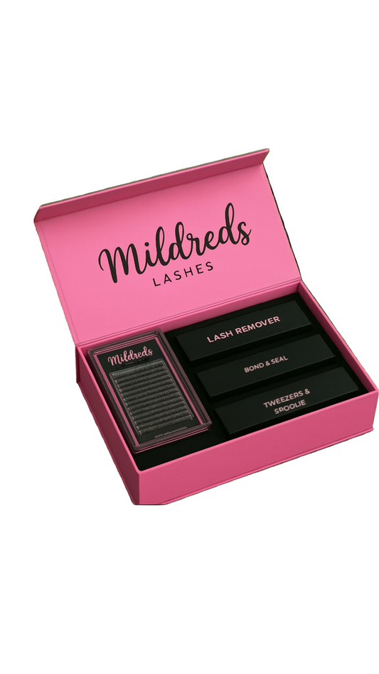 Mildred's Lashes packaging with pink box and black components on a white background
